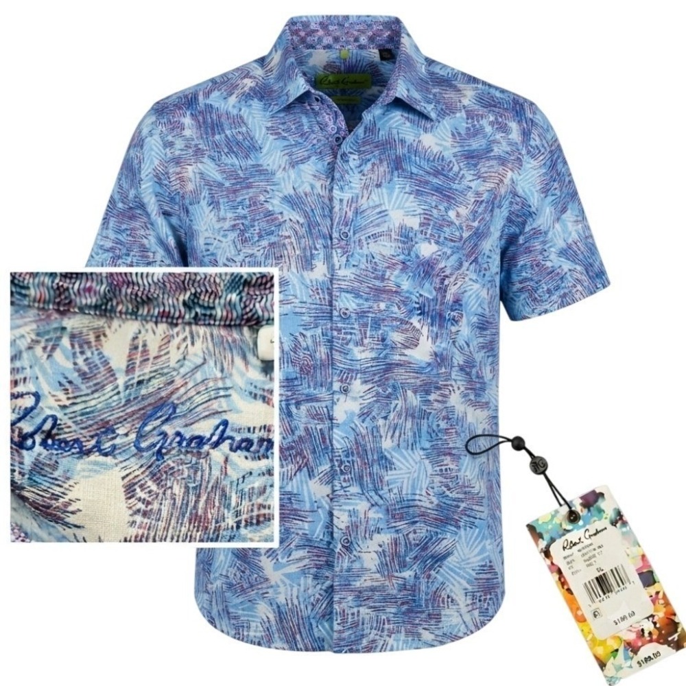 NWT Robert Graham "Morrone" Tropical Abstract Linen Blend Short Sleeve Shirt XL